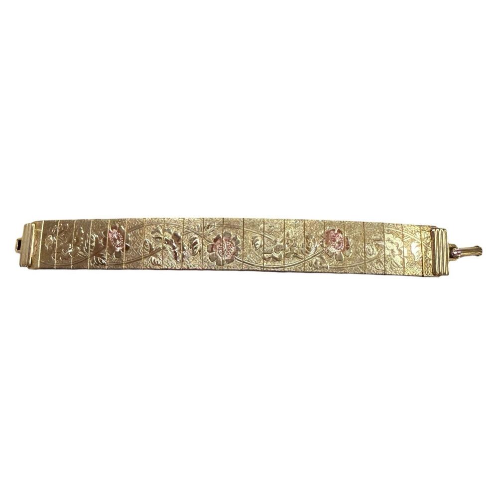 Vintage Gold Tone Etched Floral Panel Links Bracelet w/ Mesh Back Stretch Flower